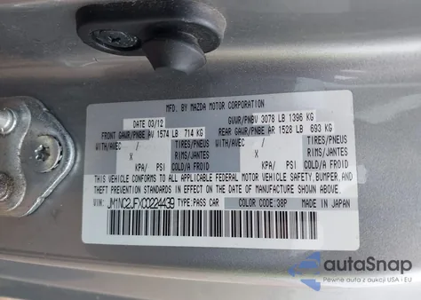 2012 Mazda Mx-5 Miata Sport z USA, uszkodzony, nr VIN JM1NC2JFXC0224439